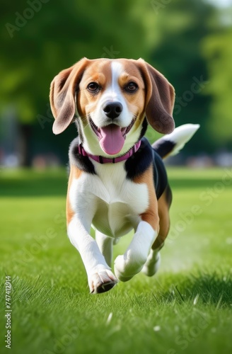 A happy dog runs through a green park