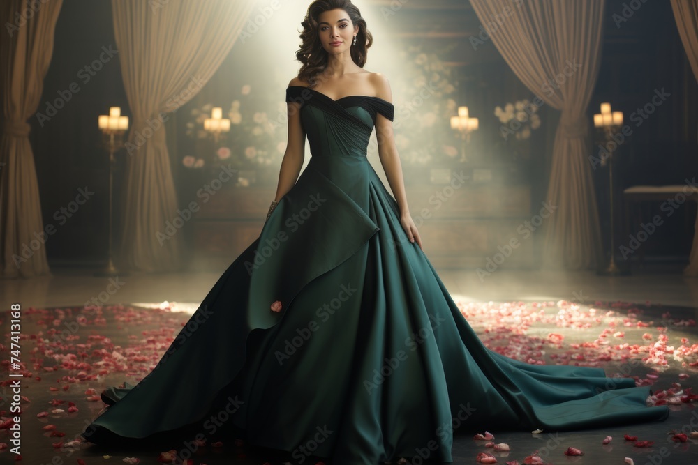 Elegant woman in a mesmerizing emerald green evening gown, radiating ...