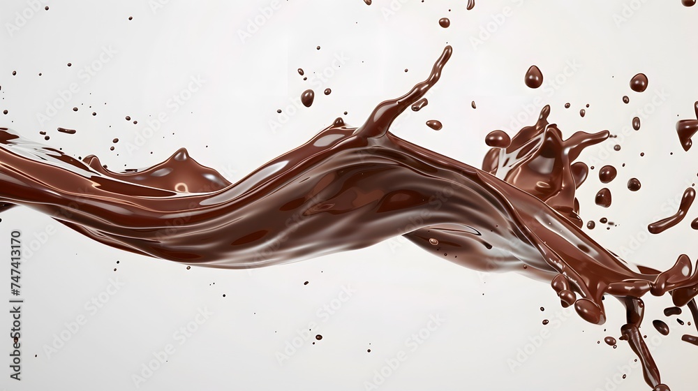 Realistic creamy chocolate long wave liquid, splashing droplets in long flow, Choco syrup or cocoa drink, dark brown, isolated on background. copy space, mockup.