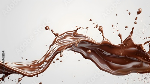 Realistic creamy chocolate long wave liquid, splashing droplets in long flow, Choco syrup or cocoa drink, dark brown, isolated on background. copy space, mockup.
