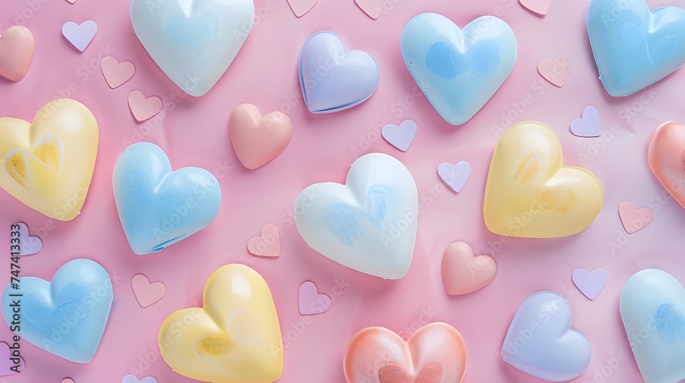 3D pastel color hearts shapes on pink background. wallaper. horizontal. 