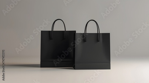 Two black paper shopping bag with handle isolated on light grey backgrounds. paper gift bag, mockup, copy space.