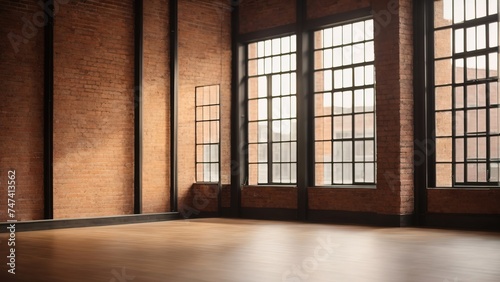 A loft-style room featuring a spacious window, with wooden flooring and brick wall 