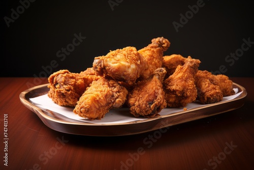 Delicious fried chicken on a metal tray against a white ceramic background