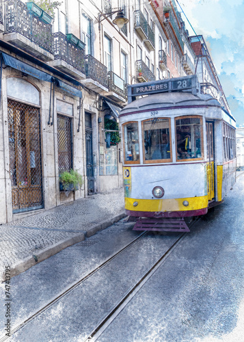 watercolor illustration historic tram 28 of Lisbon in Portugal