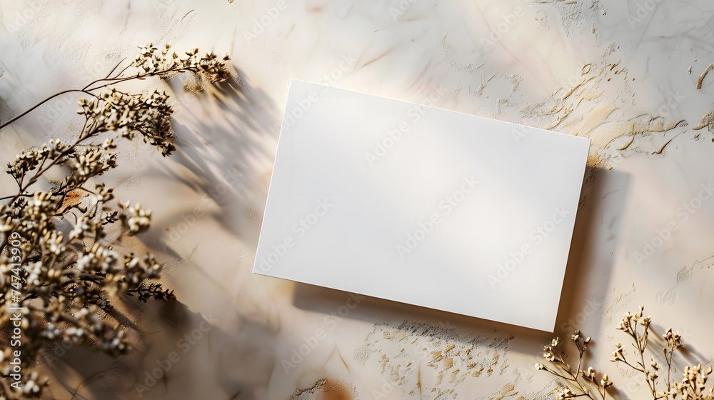 Blank white paper card with dried flower on background, flat lay, for Greeting, postcard, birthday, wedding invite mockup view from top.