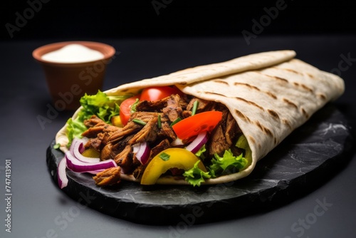 Tasty shawarma on a slate plate against a white ceramic background