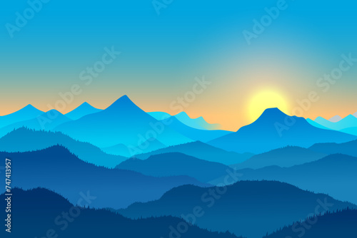 The rising sun illuminates the silhouettes of the misty mountains with its rays. Early morning landscape in the mountains. Silhouettes of mountains and forests. Nature vector illustration.