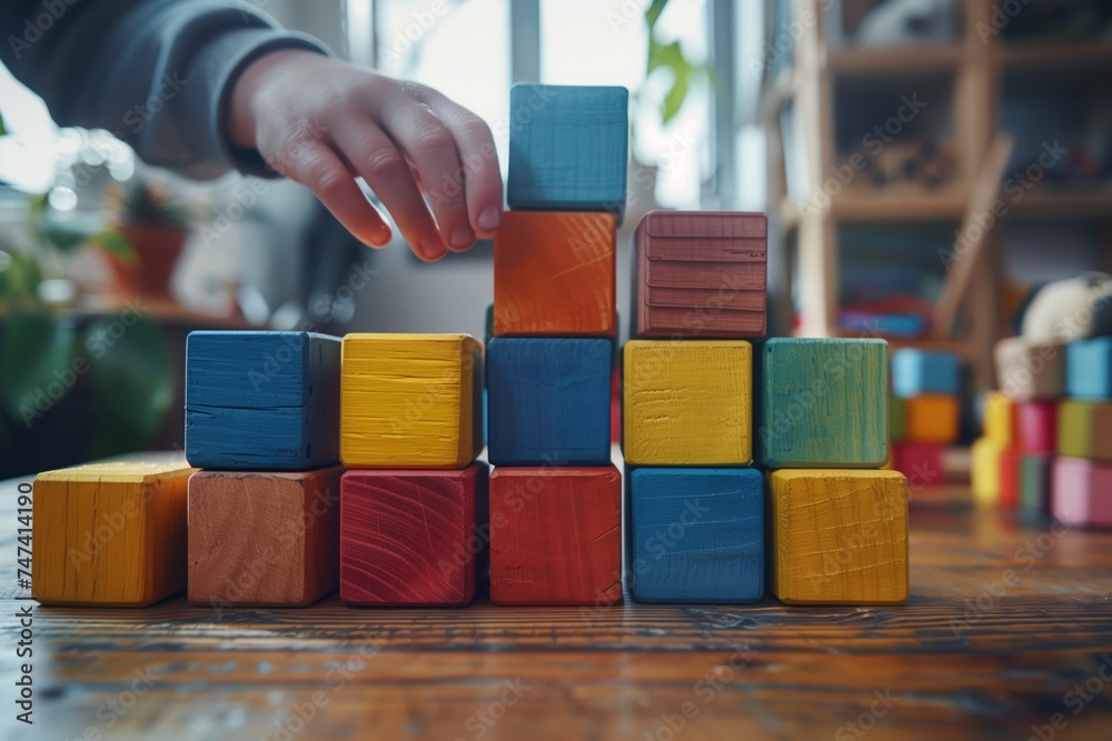 a child with autism puts wooden cubes into a group, children's room light interior. Concept mental health. Neurodiversity. a child with autism puts wooden cubes into a group, children's room light interior. Concept mental health. Neurodiversity.