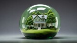 A house concept in a bubble with green trees and a green car, A house on a glass globe with a tree, AI generated	