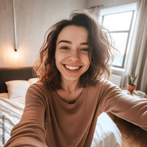 A woman taking a selfie in a well lit room with a neatly made bed, two modern wall-mounted lamps, and a window allowing natural light to flood into the room