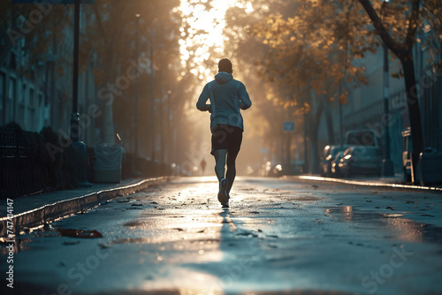 A man jogging down a street