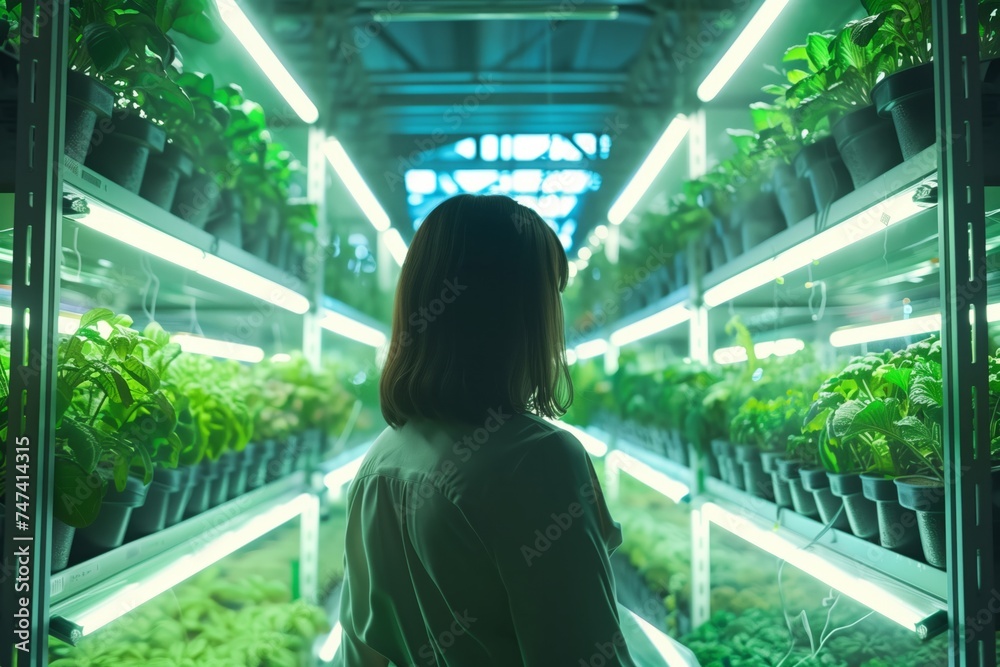 woman working in modern light hydroponic vertical farm eco system woman working in modern light hydroponic vertical farm eco system