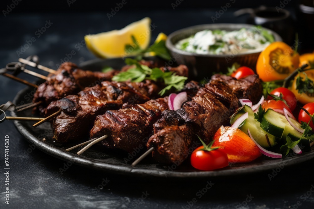 Juicy kebab on a rustic plate against a grey concrete background Juicy kebab on a rustic plate against a grey concrete background