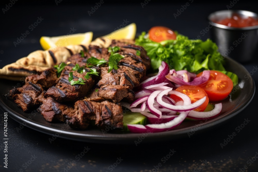 Juicy kebab on a rustic plate against a grey concrete background