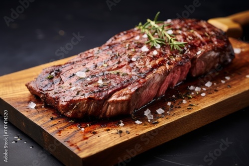 Juicy medium rare ribeye steak on a wooden board against a grey concrete background