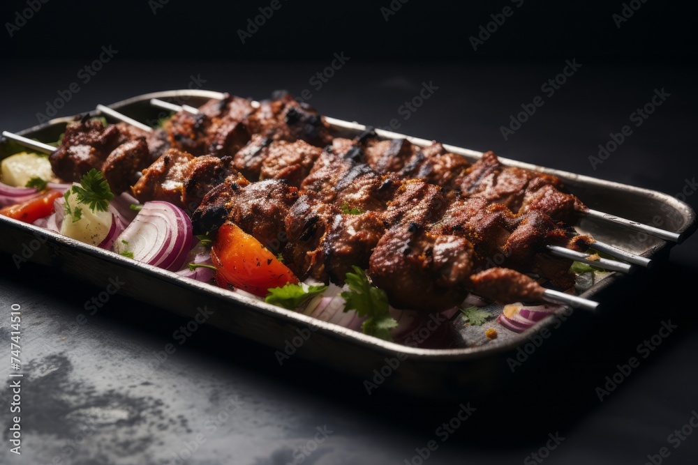 Tasty kebab on a metal tray against a grey concrete background