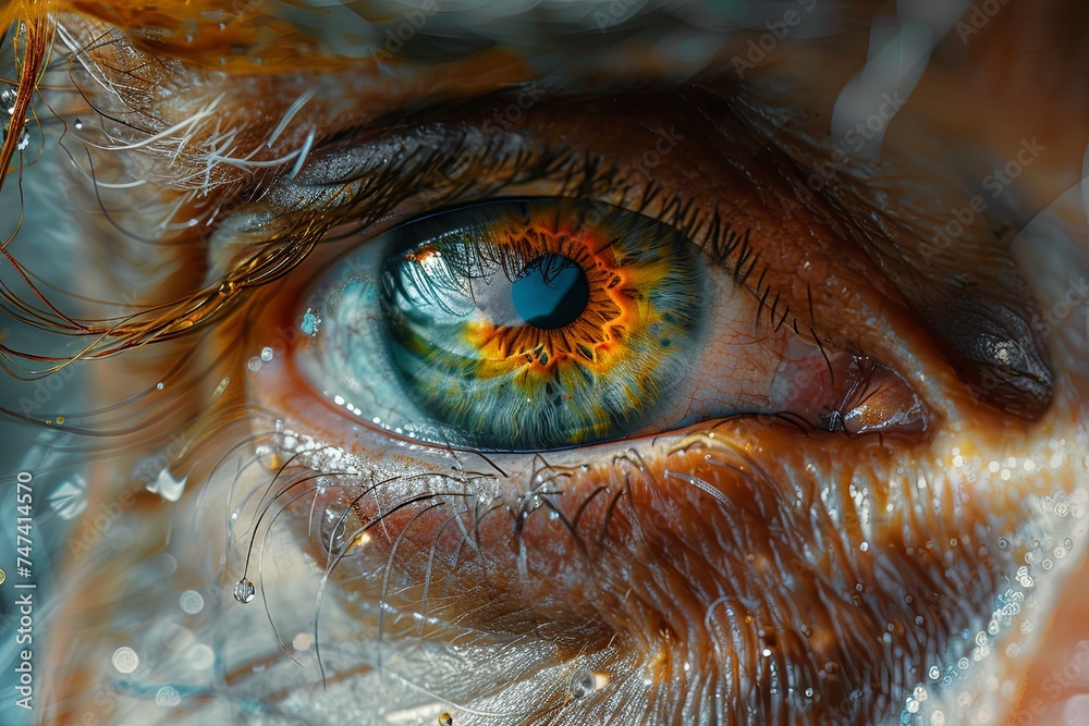 man's orange green eye in close up, in the style of realistic human figures, light indigo and gray. Generative AI man's orange green eye in close up, in the style of realistic human figures, light indigo and gray. Generative AI