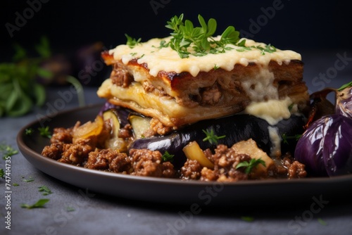 Juicy moussaka on a porcelain platter against a grey concrete background