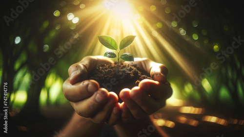 Hands cradling a young plant in sunlight, nurturing growth and sustainability, environmental care and protection concept