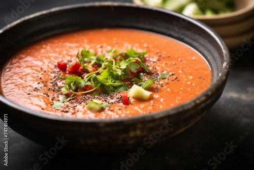 Delicious gazpacho on a rustic plate against a grey concrete background