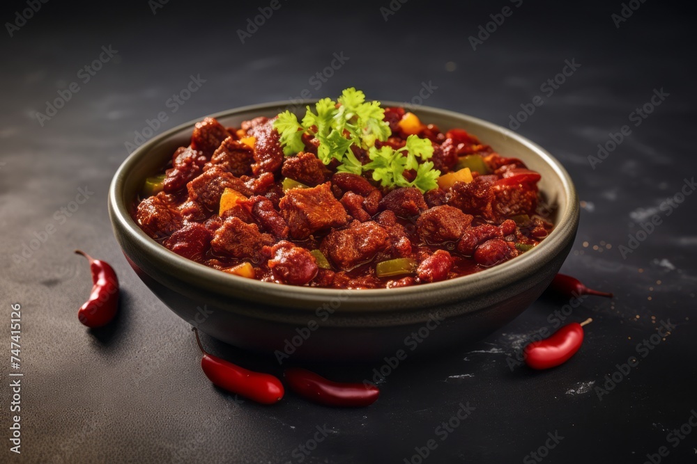 Tasty chili con carne on a ceramic tile against a grey concrete background Tasty chili con carne on a ceramic tile against a grey concrete background