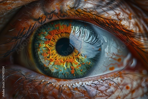 man's orange green eye in close up, in the style of realistic human figures, light indigo and gray. Generative AI.