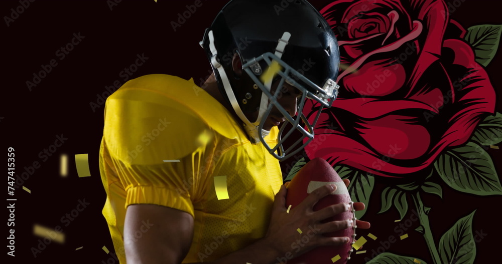Obraz premium Confetti falling over rugby plyer holding a ball against rose flower icon on black background