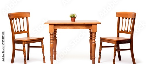 A wooden table is positioned in the center, flanked by two chairs on either side. A small potted plant sits on the table. The setting is simple and minimalistic.
