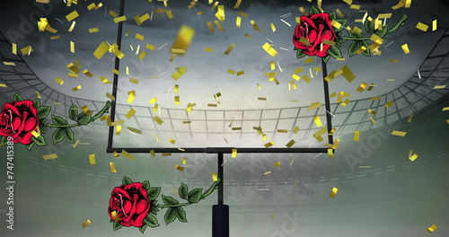 Image of confetti and roses falling over sports stadium