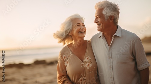 Capture the beauty of a couple of old mature people walking on the sand together, having fun on the beach, and truly enjoying and living in the moment. 