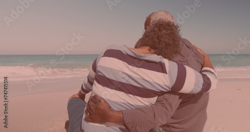 Rear view of african american couple hugging each other while sitting at the beach