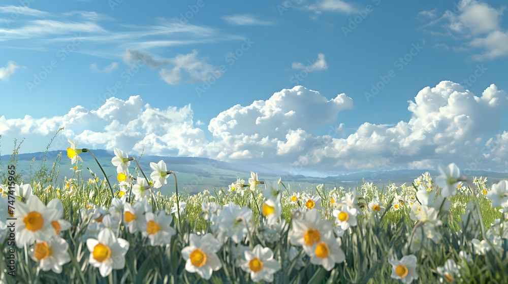Idyllic Meadow with Blooming Daffodils under Blue Sky