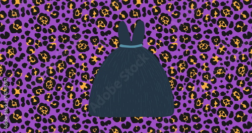 Digital image of multiple female dress icons against leopard print design on purple background