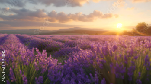 Sunset Over Lavender Fields - A Serene Landscape