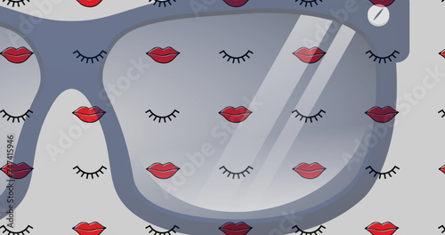 Image of lips and eyes icons and glasses on green background