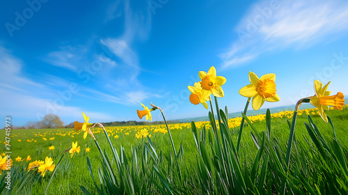 Vibrant Daffodil Meadow Under Blue Spring Sky