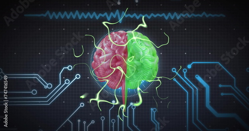 Image of human brain and data processing over circuit board