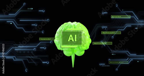 Image of ai text, human brain and data processing over computer circuit board