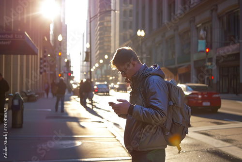 A man standing on a street corner, looking at his phone on a sunny day
