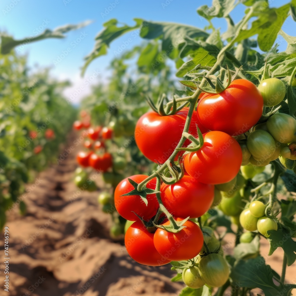 Fresh tomatoes growing in the field, sunny day.