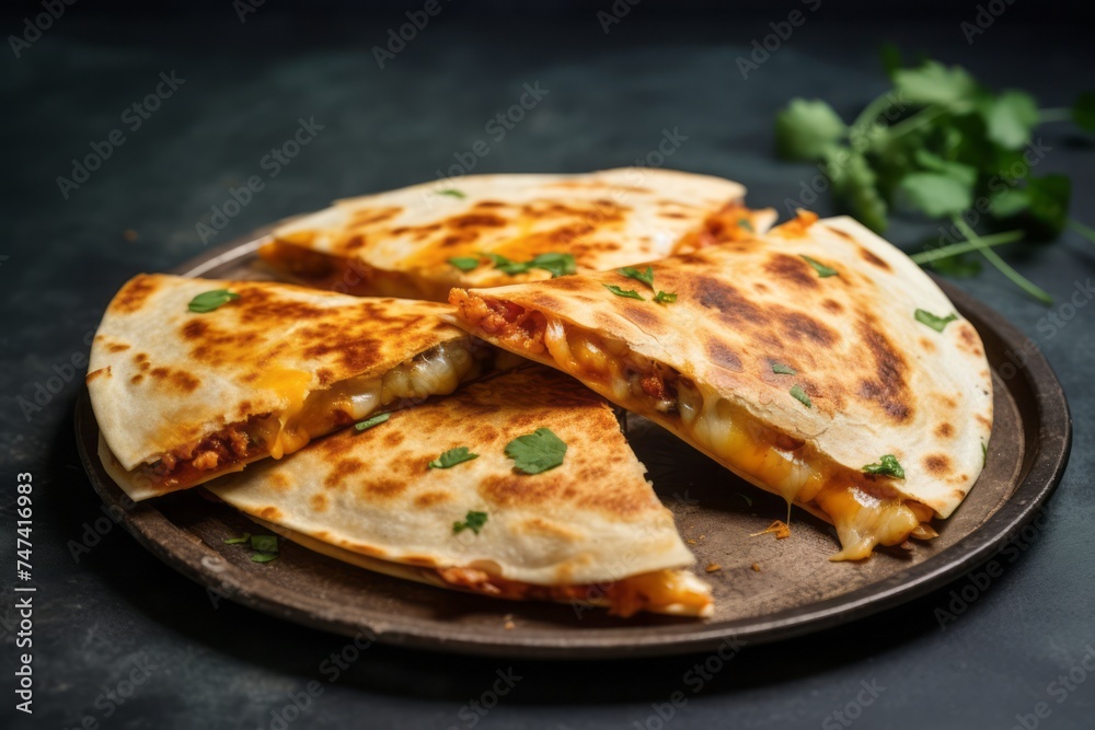 Close-up view photography of a juicy quesadilla on a plastic tray against a grey concrete background. AI Generation Close-up view photography of a juicy quesadilla on a plastic tray against a grey concrete background. AI Generation