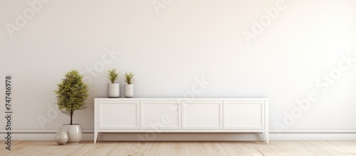 A room with a white cabinet against a large wall, featuring two vases as the main decor elements in the minimalist interior. The room has a wooden floor and a white landscape visible through a window.