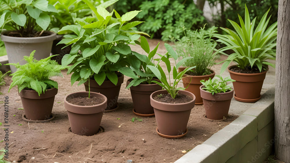 Variety Of Lush Green Plants In Terracotta Pots Arranged On Soil Ground Next To A Wooden Fence. Variety Of Lush Green Plants In Terracotta Pots Arranged On Soil Ground Next To A Wooden Fence.