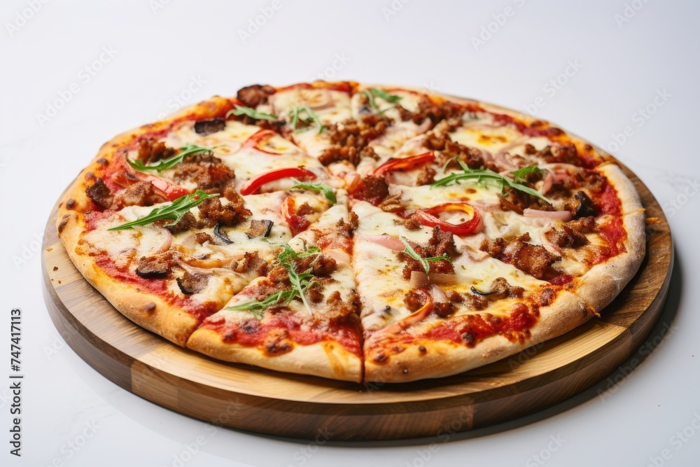 Natural light close-up photography of an exquisite pizza on a wooden board against a white marble background. AI Generation