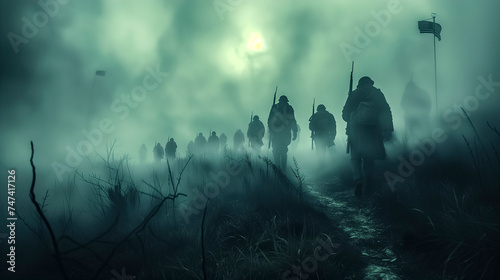 Silhouetted Soldiers Marching In Fog With A Dimly Lit Flag In The Background. photo