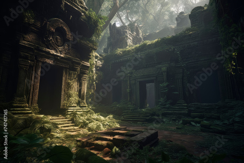 Ancient temple ruins in a dense jungle.