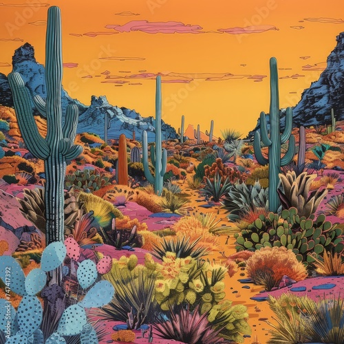 a colorful landscape with cactuses and rocks