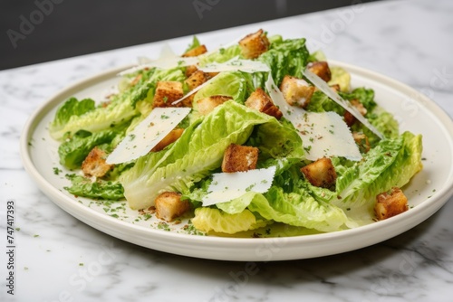 Macro view photography of a juicy caesar salad on a marble slab against a white marble background. AI Generation