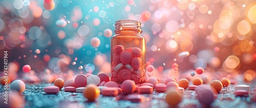 colorful pills all over a bottle of jar, in the style of darktable processing, colourful. Generative AI.